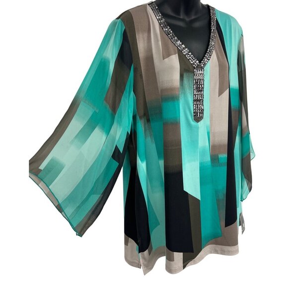 JM Collection Woman Teal Ombre Amor Mod Twist Tunic Top 3X V-Neck Beaded New - Picture 3 of 8